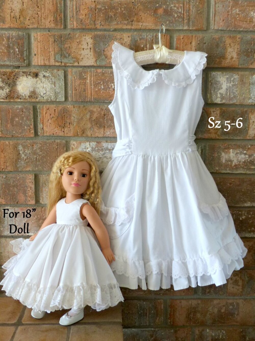 GIRL'S VINTAGE 5-6 + 18" DOLL'S WHITE DRESSES - TO WEAR TOGETHER, OOAK COTTON